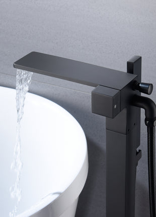Waterfall Matte Black Freestanding Single Handle Bathtub Faucet with Handheld Sprayer