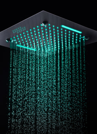 Matte Black 20 Inch Flushed Ceiling Mount Rainfall Waterfall Mist 64 LED Light Bluetooth Music Shower Head 5 Way Thermostatic Shower Faucet Set with Body Jets and Touch Panel