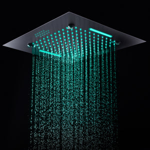
                  
                    Matte Black 20 Inch Flushed Ceiling Mount Rainfall Waterfall Mist 64 LED Light Bluetooth Music Shower Head 5 Way Thermostatic Shower Faucet Set with Body Jets and Touch Panel
                  
                