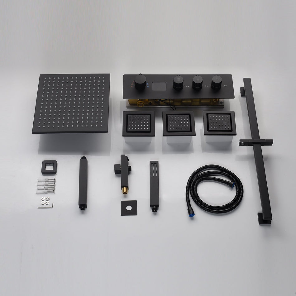 16inch LED matt black 3 way digital thermostatic shower faucet with sliding bar and 4inch body jets