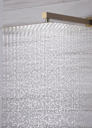 Brushed Gold Wall Mounted 12 inch or 16 Inch Rainfall Shower Head 3 Way Thermostatic Shower Faucet Set with Slide Bar and 6 Body Jets Each Function Work All Together and Separately