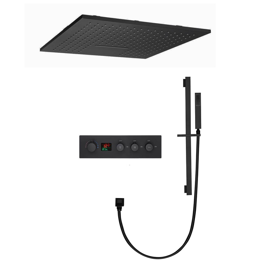 20inch matte black ceiling mount rainfall waterfall shower systems 3 way digital thermostatic valve
