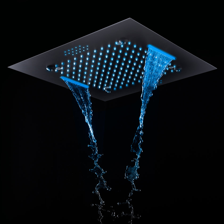 Matte black 20 inch flushed mount mist rainfall waterfall 64 LED light bluetooth music shower head