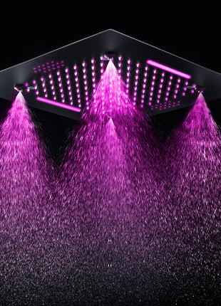Matte Black 20 Inch Flushed Ceiling Mount Rainfall Waterfall Mist 64 LED Light Bluetooth Music Shower Head 5 Way Thermostatic Shower Faucet Set with Body Jets and Touch Panel