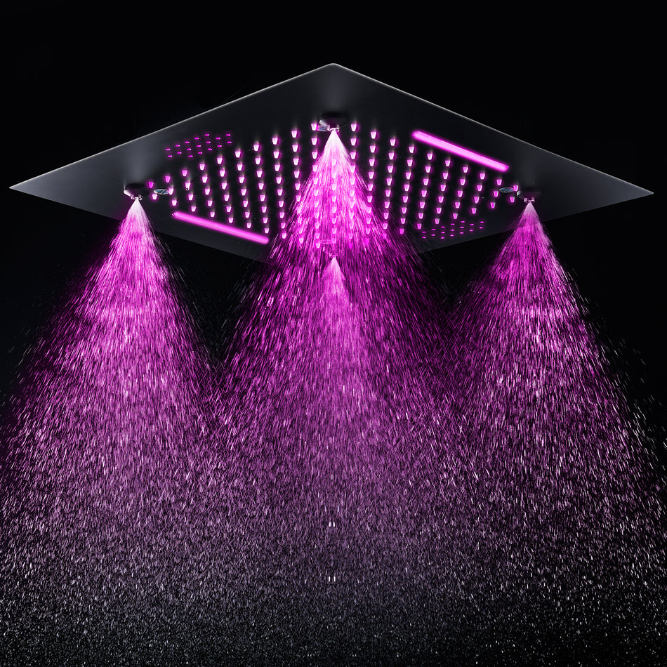 Matte black 20 inch flushed mount mist rainfall waterfall 64 LED light bluetooth music shower head