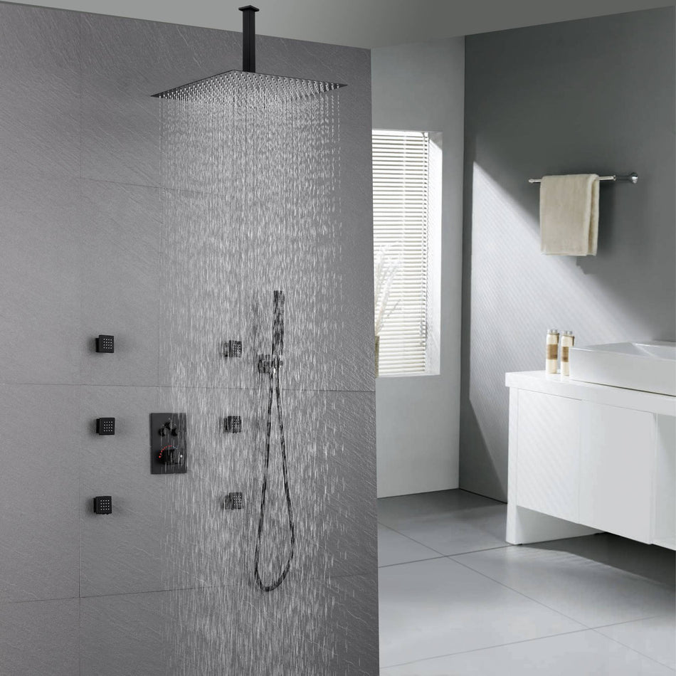 12 inch or 16 inch ceiling mounted Matte Black 3 way thermostatic valve that each function run all together and separately