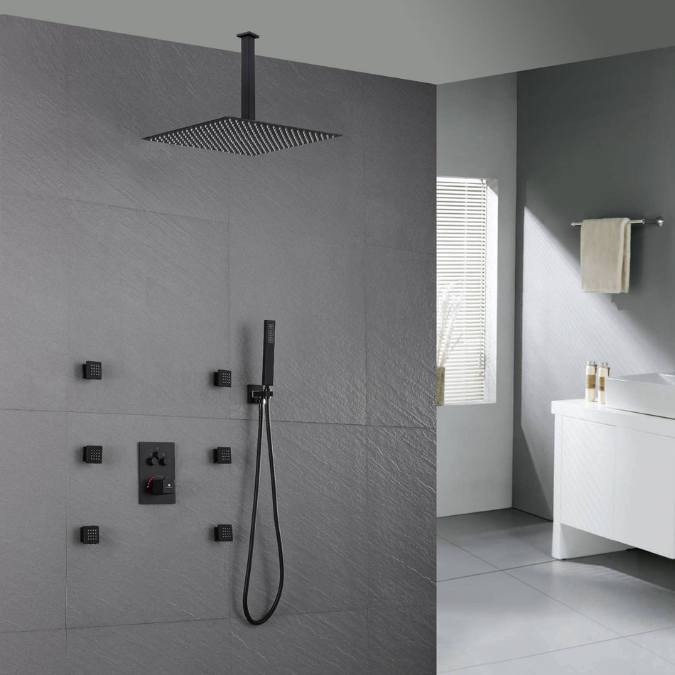 12 inch or 16 inch ceiling mounted Matte Black 3 way thermostatic valve that each function run all together and separately