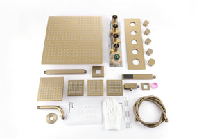 
                  
                    Brushed Gold 4 Function Thermostatic Faucet Set with Ceiling 12" or 16'' Rain Shower Head, High Pressure 6", Body Jets and Handheld Spray
                  
                