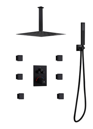 12 inch or 16 inch ceiling mounted Matte Black 3 way thermostatic valve that each function run all together and separately
