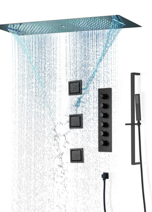Matte Black 36 Inch  Flushed Ceiling Mount Rainfall Waterfall Water Column 64 LED Light Bluetooth Music Shower Head 5 Way Thermostatic Shower Faucet Set with Body Jets and Touch Panel