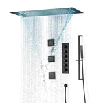 Matte Black 36 Inch  Flushed Ceiling Mount Rainfall Waterfall Water Column 64 LED Light Bluetooth Music Shower Head 5 Way Thermostatic Shower Faucet Set with Body Jets and Touch Panel