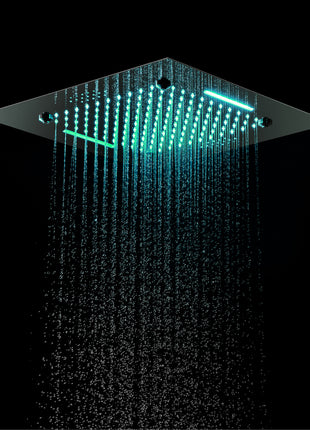 Chrome 20 Inch Flushed Ceiling Mount Rainfall Waterfall Mist 64 LED Light Bluetooth Music Shower Head 5 Way Thermostatic Shower Faucet Set with Body Jets and Touch Panel