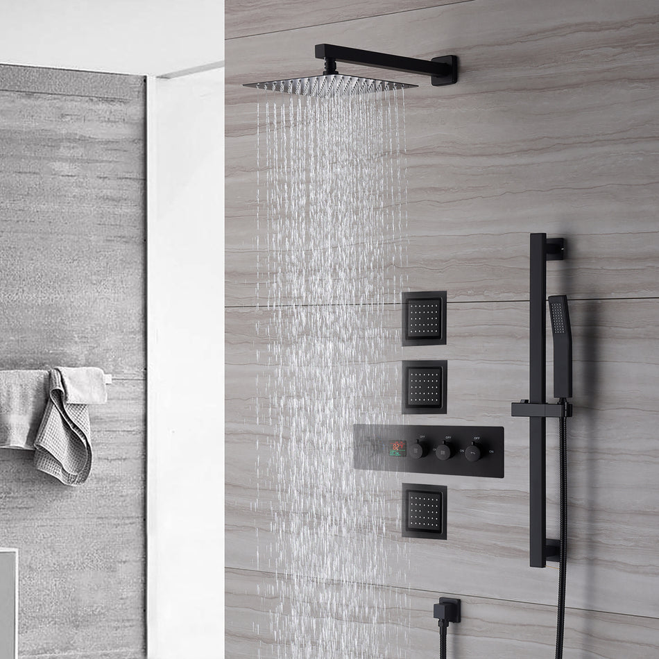 wall mount 12 inch or 16 inch matt black 3 way digital thermostatic shower faucet with sliding bar and 4inch body jets