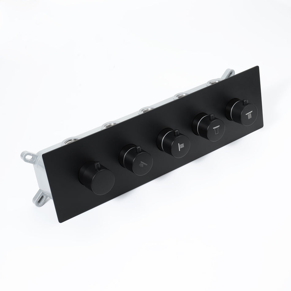 20inch matte black rainfall shower system 4 way thermostatic rough in valve with body jets and 8inch wall mount shower head