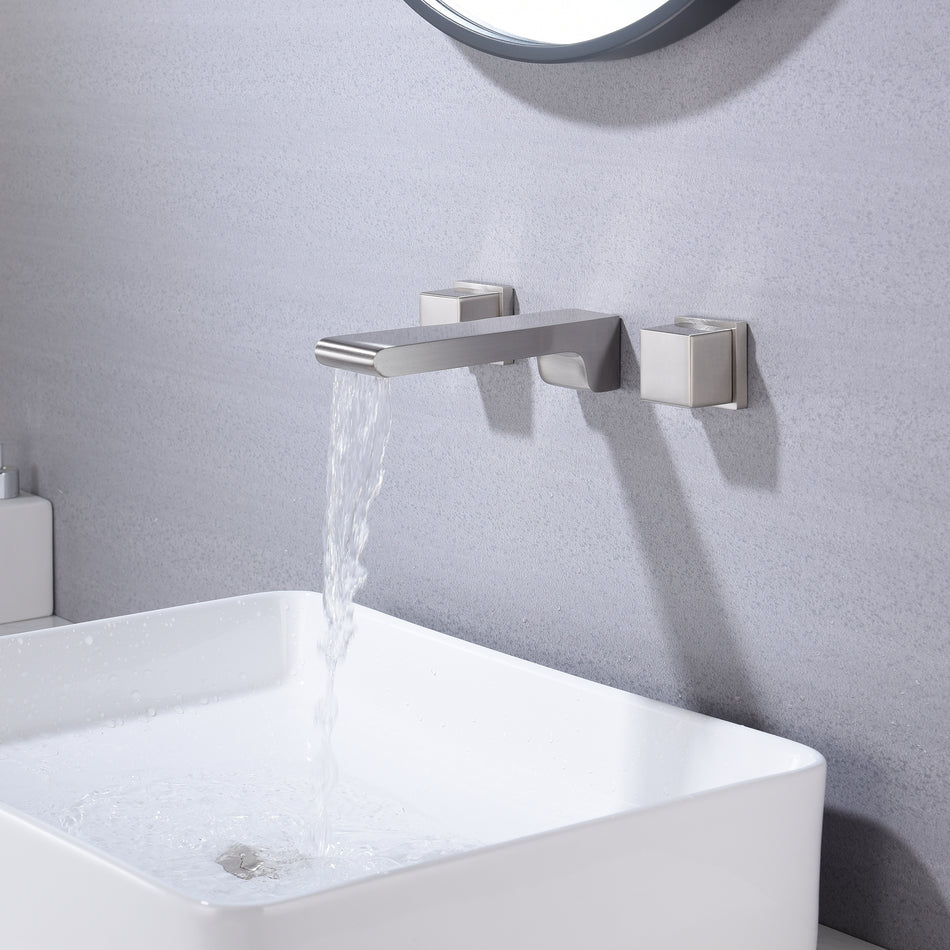waterfall Brushed Nickel wall mount Dual Handle Bathroom Sink Faucets with Brass Pop up Overflow Drain