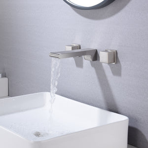 
                  
                    waterfall Brushed Nickel wall mount Dual Handle Bathroom Sink Faucets with Brass Pop up Overflow Drain
                  
                