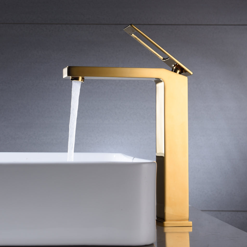 Polished Gold Single Handle Bathroom Sink Faucet One Hole Deck Mount with pop up overflow brass drain