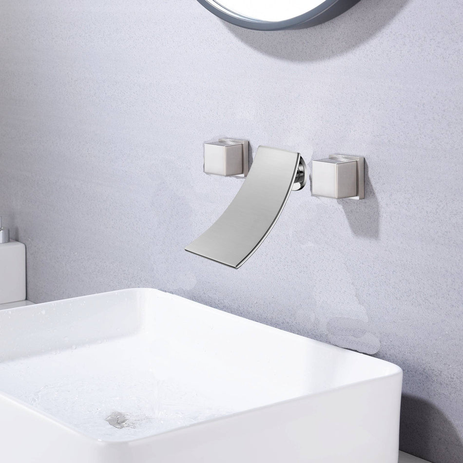 waterfall Brushed Nickel wall mount Dual Handle Bathroom Sink Faucets with Brass Pop up Overflow Drain