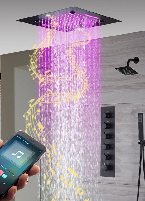 Bluetooth Music 64 LED colors 20 inch Matte Black flushed on rainfall waterfall mist shower systems 5 way thermostatic valve with 6 inch regular head and touch panel