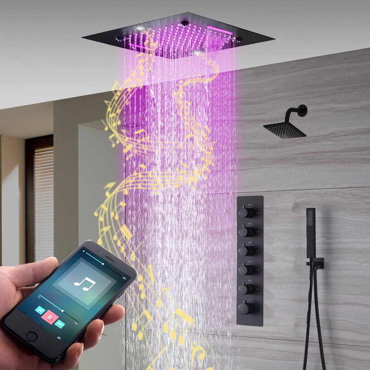 Bluetooth Music 64 LED colors 20 inch Matte Black flushed on rainfall waterfall mist shower systems 5 way thermostatic valve with 6 inch regular head and touch panel