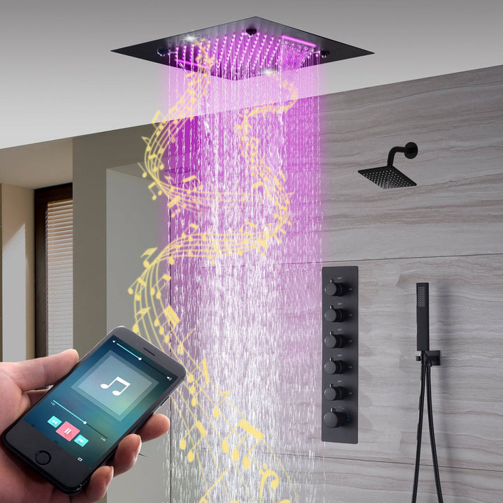 
                  
                    Bluetooth Music 64 LED colors 20 inch Matte Black flushed on rainfall waterfall mist shower systems 5 way thermostatic valve with 6 inch regular head and touch panel
                  
                