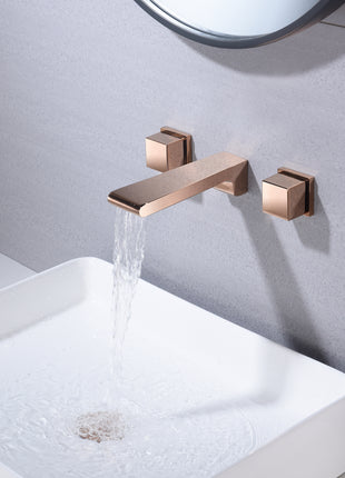 Rose Gold waterfall wall mount bathroom sink faucet with overflow brass pop up drain