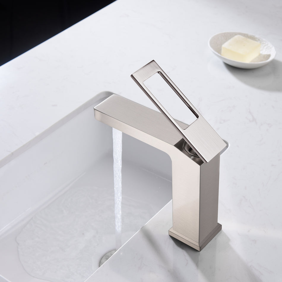 Brushed Nickel Single Handle Bathroom Sink Faucets with Brass Pop up Overflow Drain