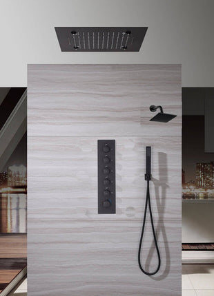 Bluetooth Music 64 LED colors 20 inch Matte Black flushed on rainfall waterfall mist shower systems 5 way thermostatic valve with 6 inch regular head and touch panel