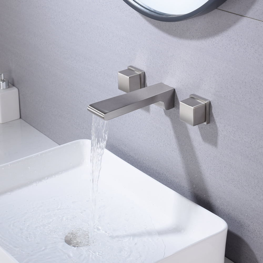 
                  
                    waterfall Brushed Nickel wall mount Dual Handle Bathroom Sink Faucets with Brass Pop up Overflow Drain
                  
                