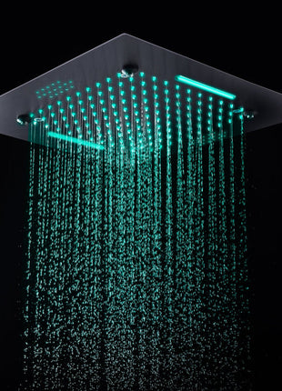 Bluetooth Music 64 LED colors 20 inch Matte Black flushed on rainfall waterfall mist shower systems 5 way thermostatic valve with 6 inch regular head and touch panel