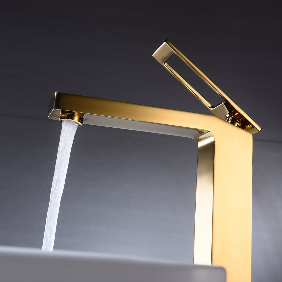 Polished Gold Single Handle Bathroom Sink Faucet One Hole Deck Mount with pop up overflow brass drain