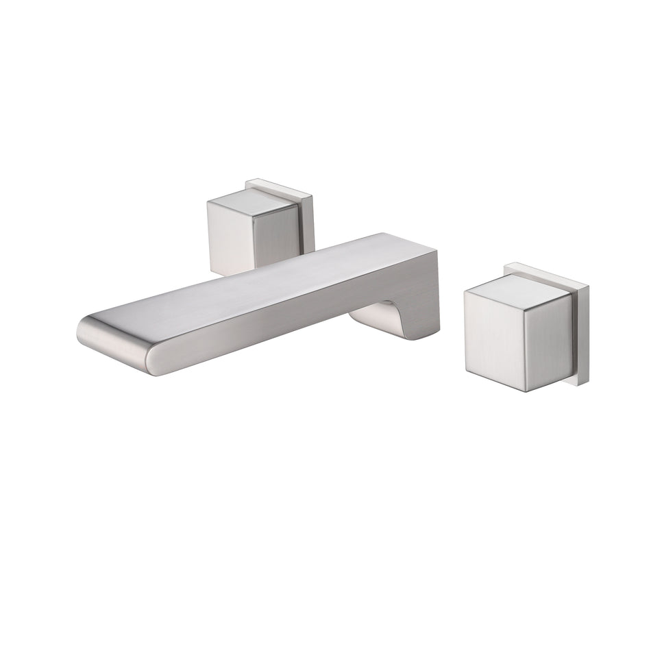 waterfall Brushed Nickel wall mount Dual Handle Bathroom Sink Faucets with Brass Pop up Overflow Drain