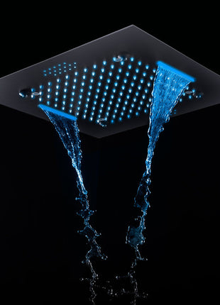 Bluetooth Music 64 LED colors 20 inch Matte Black flushed on rainfall waterfall mist shower systems 5 way thermostatic valve with 6 inch regular head and touch panel