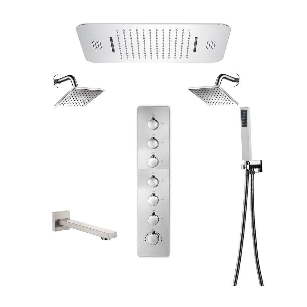 
                  
                    64 LED colors Brushed nickel music led flushed in 23x15inch shower head 6 way thermostatic valve that each function run at the same time and separately
                  
                