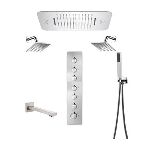 
                  
                    64 LED colors Brushed nickel music led flushed in 23x15inch shower head 6 way thermostatic valve that each function run at the same time and separately
                  
                