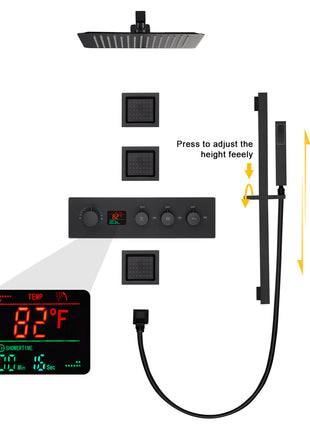 wall mount 12 inch or 16 inch matt black 3 way digital thermostatic shower faucet with sliding bar and 4inch body jets