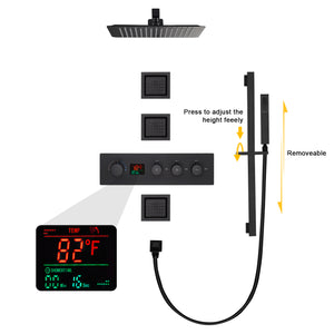
                  
                    wall mount 12 inch or 16 inch matt black 3 way digital thermostatic shower faucet with sliding bar and 4inch body jets
                  
                