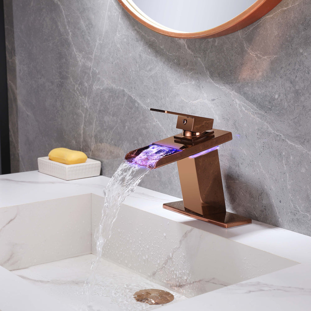 Rose Gold Waterfall 3 LED Lights Single Handle Bathroom Sink Faucet with Cover and Pop Up Brass Overflow Drain