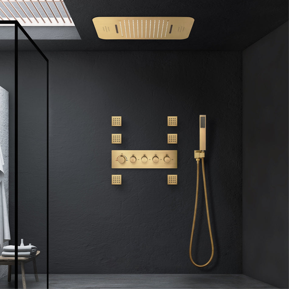 Brushed Gold Music LED Flushed in 23X 15inch shower head 4 way thermostatic valve that each function run all together and separately