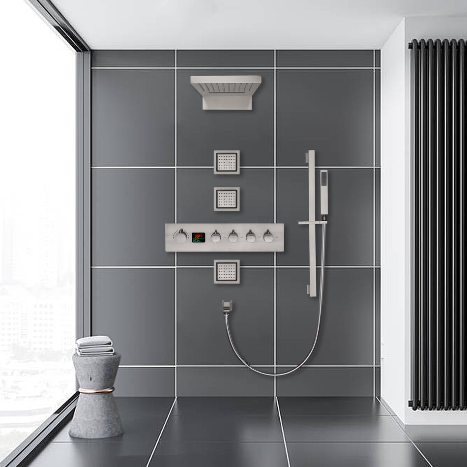 22inch rainfall and waterfall Brushed Nickel 4 Way digital Thermostatic Shower Faucet with 4inch Body Jet