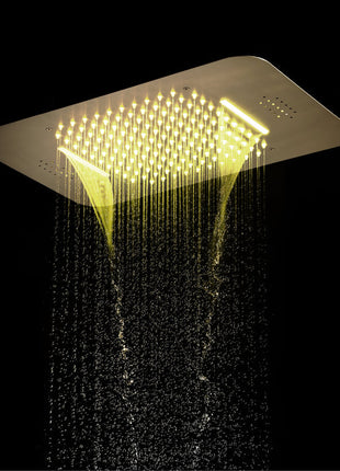Brushed Gold Music LED Flushed in 23 X 15 inch or 20 x 20 inch shower head 5 way thermostatic shower system with regular head and body sprayers