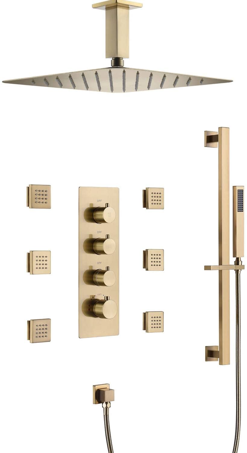 Brushed Gold Ceiling Mount 12 inch or 16 Inch Rainfall Shower Head 3 Way Thermostatic Shower Faucet with Sliding Bar and Body Jets each Function Work All Together and Separately
