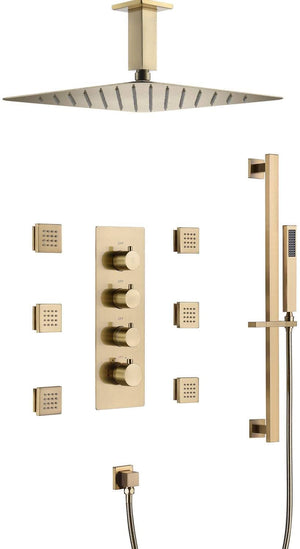 
                  
                    Brushed Gold Ceiling Mount 12 inch or 16 Inch Rainfall Shower Head 3 Way Thermostatic Shower Faucet with Sliding Bar and Body Jets each Function Work All Together and Separately
                  
                