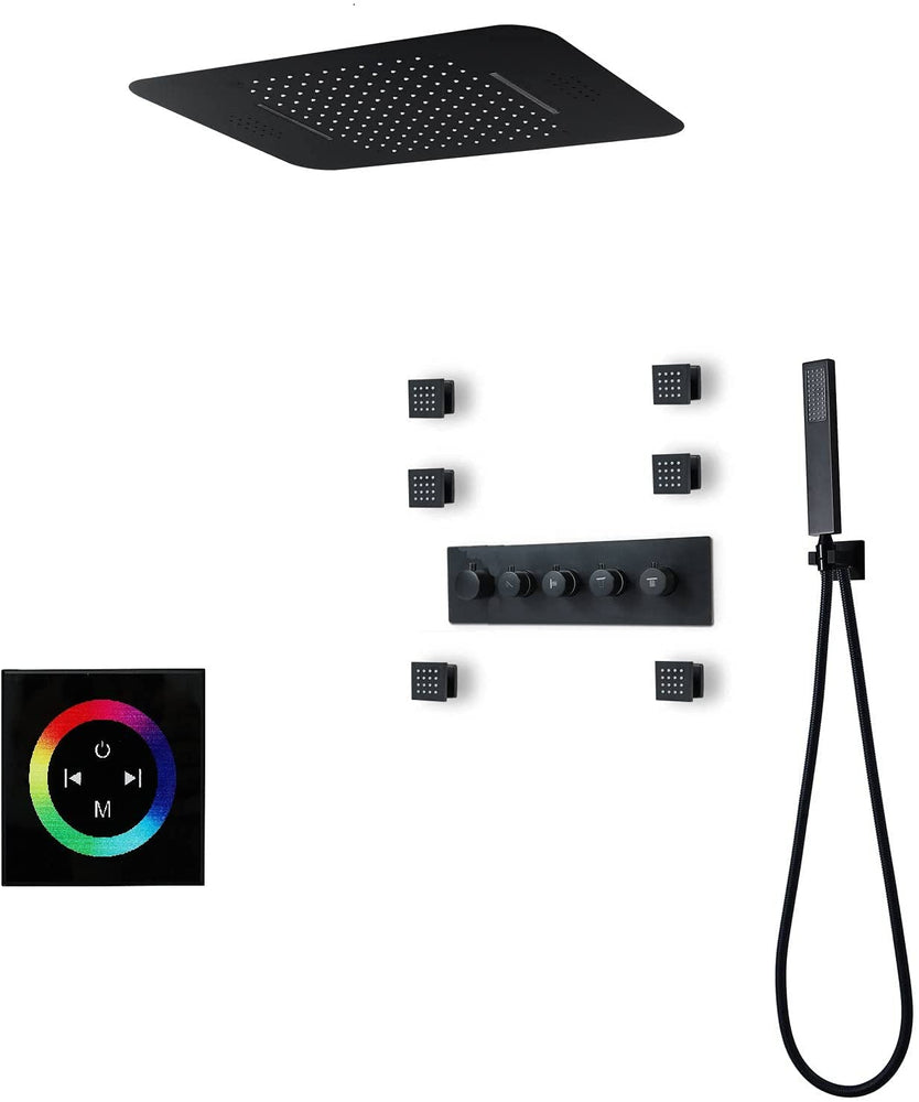 
                  
                    Matte Black 64-Color LED Lights Bluetooth Music Rainfall Waterfall 23 Inch Shower Head 4 Way Thermostatic Shower System with Body Jets
                  
                