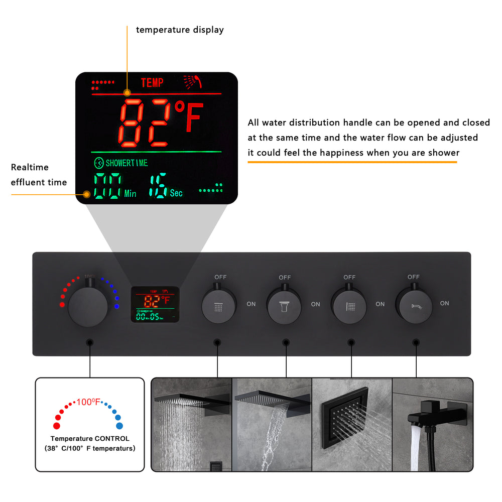 
                  
                    20 inch rainfall mist LED matte black rainfall shower system 4 way digital thermostatic rough in valve with body jets and sliding bar
                  
                