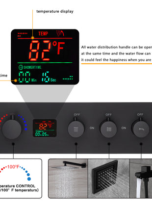 wall mount 12 inch or 16 inch matt black 3 way digital thermostatic shower faucet with sliding bar and 4inch body jets