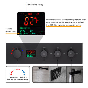 
                  
                    wall mount 12 inch or 16 inch matt black 3 way digital thermostatic shower faucet with sliding bar and 4inch body jets
                  
                