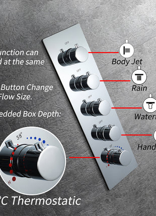 64 LED colors chrome music led flushed in 23x15inch shower head 4 way thermostatic valve that each function run at the same time and separately