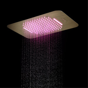 
                  
                    Brushed Gold 23 Inch Flushed Ceiling Mount Rainfall Waterfall 64 LED Light Bluetooth Music Shower Head 5 Way Thermostatic Shower Faucet Set with Body Jets and Touch Panel
                  
                