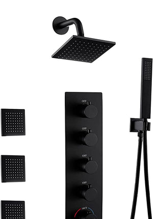 Matte Black Ceiling Mount 12 inch or 16 Inch Rainfall Shower Head Wall Mount 6 Inch High Water Pressure Regular Shower Head 4 Way Thermostatic Shower Faucet Set with Body Jets